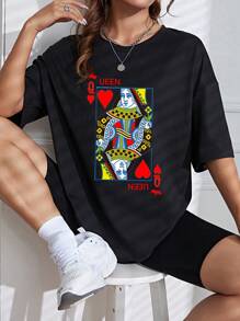 SHEIN EZwear 撲克牌圖案落肩T恤 - 黑色 - 查看 1