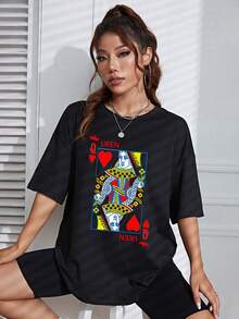 SHEIN EZwear 撲克牌圖案落肩T恤 - 黑色 - 查看 5