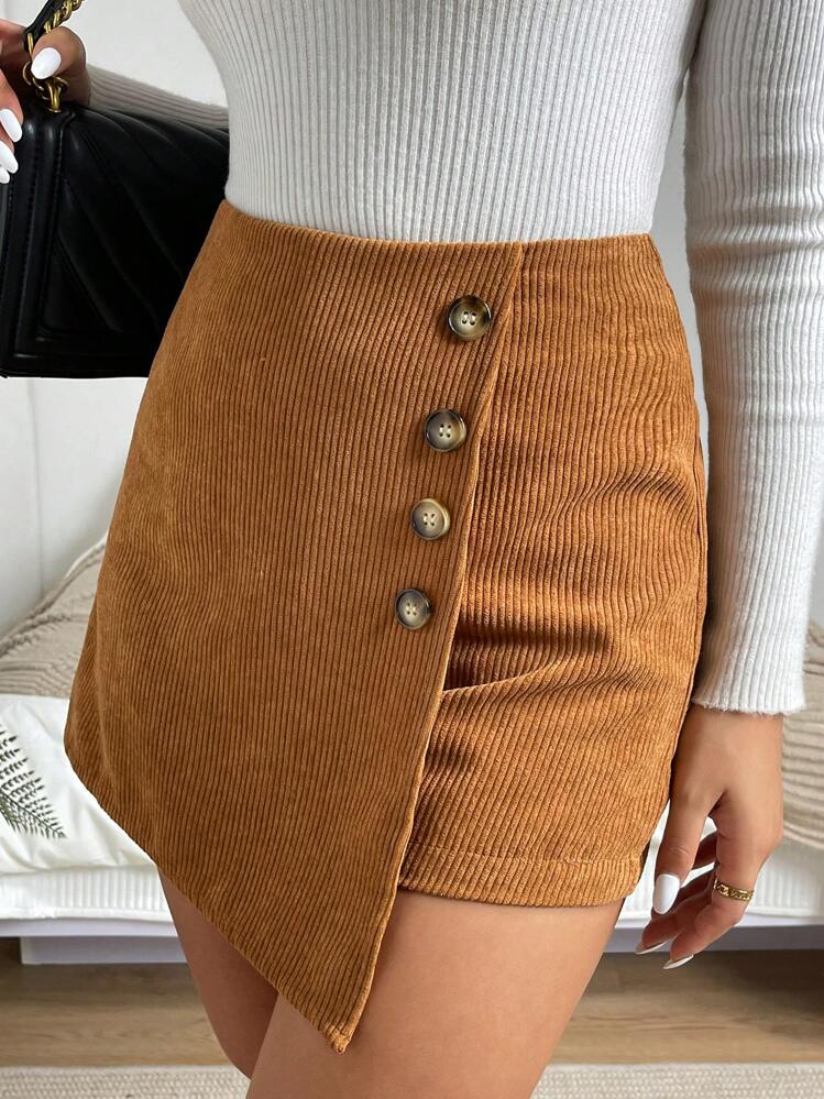 Ellegaria. Button Detail Wrap Skort - Khaki - View 5