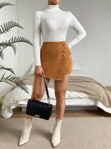 Ellegaria. Button Detail Wrap Skort - Khaki - View 7