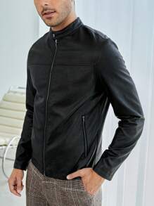 GENTILAND Men Zip Up PU Leather Jacket - Black - View 1