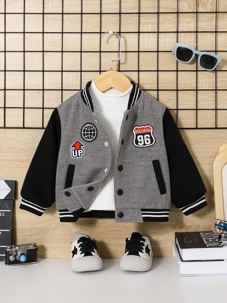 Baby Boy Letter Patched Striped Trim Varsity Jacket Without Tee