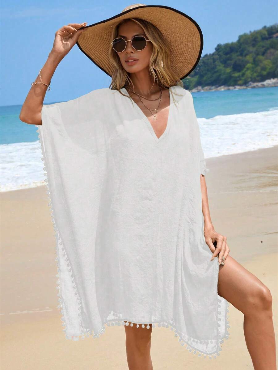 SHEIN 小絨球邊蝙蝠袖罩衫 - 白色 - 查看 1