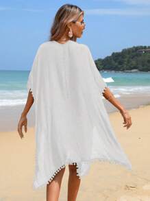 SHEIN 小絨球邊蝙蝠袖罩衫 - 白色 - 查看 2