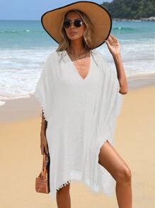 SHEIN 小絨球邊蝙蝠袖罩衫 - 白色 - 查看 3