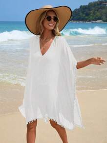 SHEIN 小絨球邊蝙蝠袖罩衫 - 白色 - 查看 4