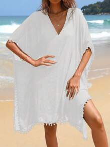 SHEIN 小絨球邊蝙蝠袖罩衫 - 白色 - 查看 5