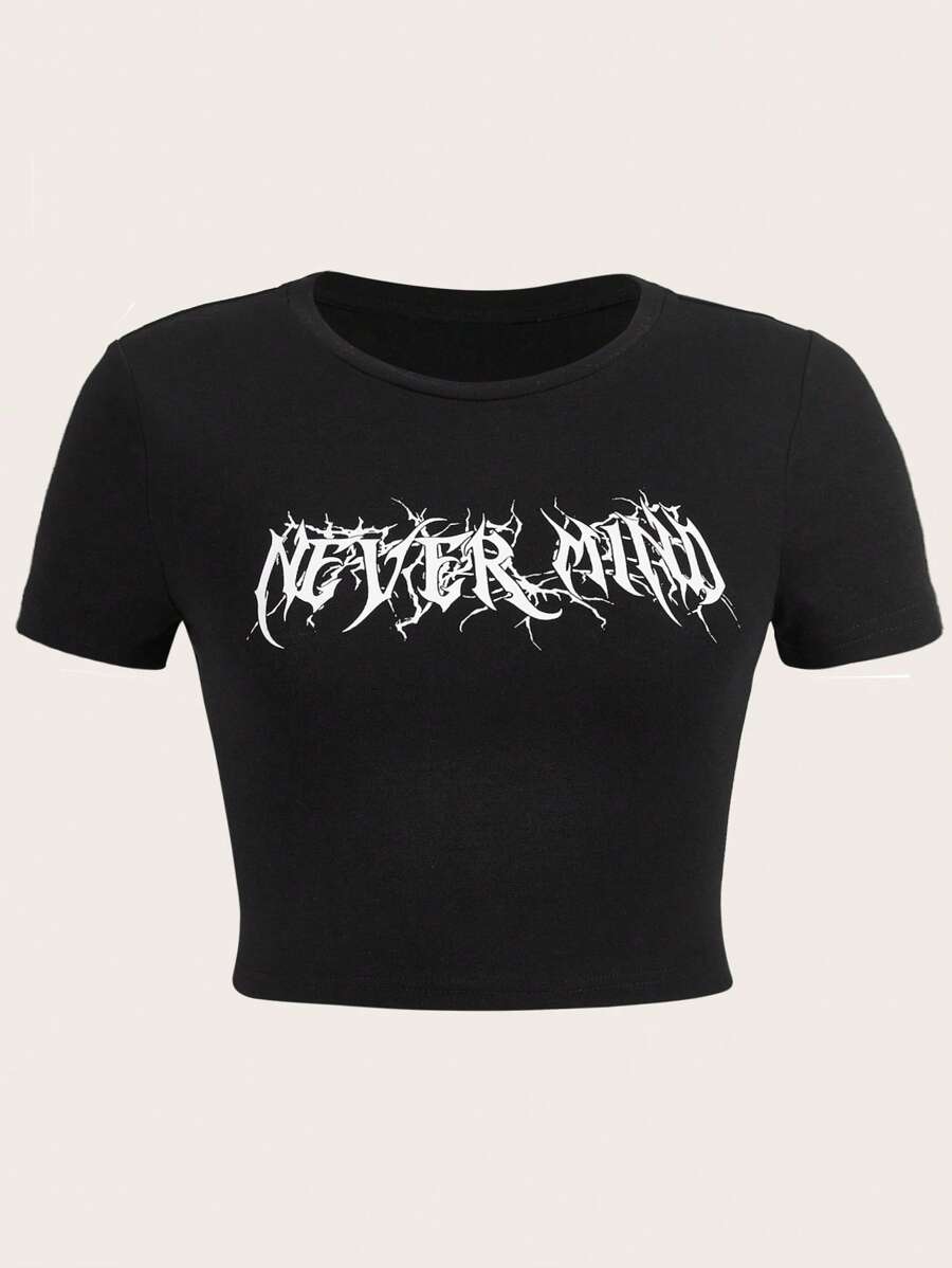 SHEIN EZwear 大碼字母圖案短款T恤 - 黑色 - 查看 1