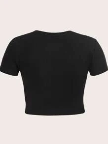 SHEIN EZwear 大碼字母圖案短款T恤 - 黑色 - 查看 2