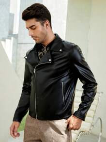 GENTILAND 男士拉鏈開襟PU皮革機車夾克 - 黑色 - 查看 5