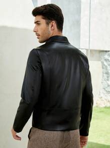GENTILAND 男士拉鏈開襟PU皮革機車夾克 - 黑色 - 查看 6
