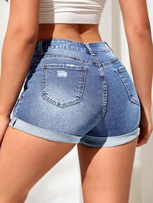 SHEIN Tall 破洞卷邊牛仔短褲 - 淺色水洗藍 - 查看 2
