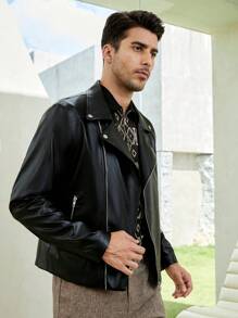 GENTILAND 男士拉鏈開襟PU皮革機車夾克 - 黑色 - 查看 7