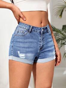 SHEIN Tall 破洞卷邊牛仔短褲 - 淺色水洗藍 - 查看 3