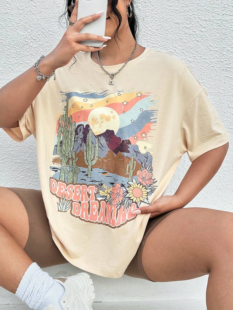 SHEIN EZwear Plus Cactus & Letter Graphic Drop Shoulder Tee For Summer - Beige - View 1