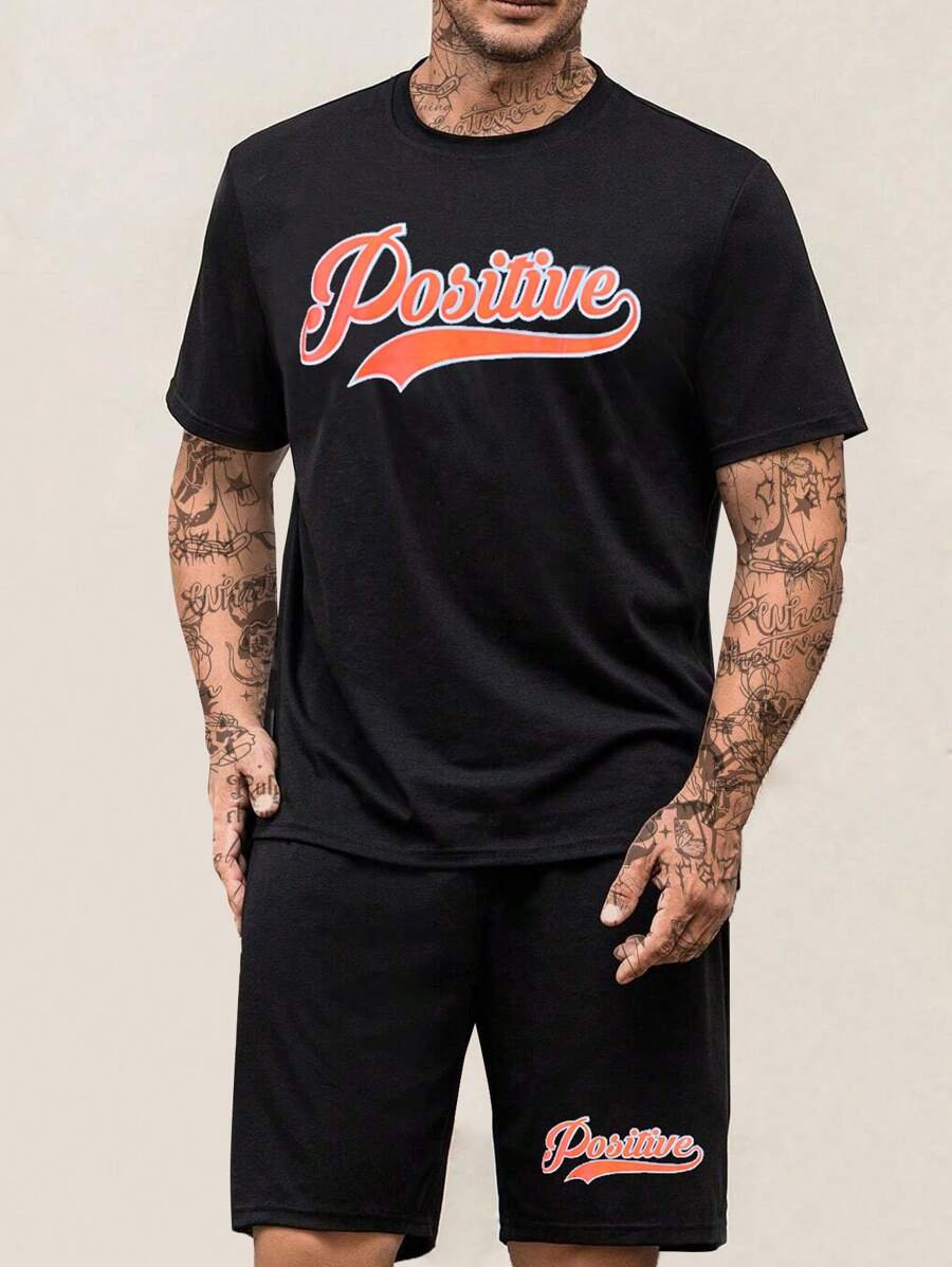 男士字母圖案T恤和短褲睡衣套裝 - 黑色 - 查看 1