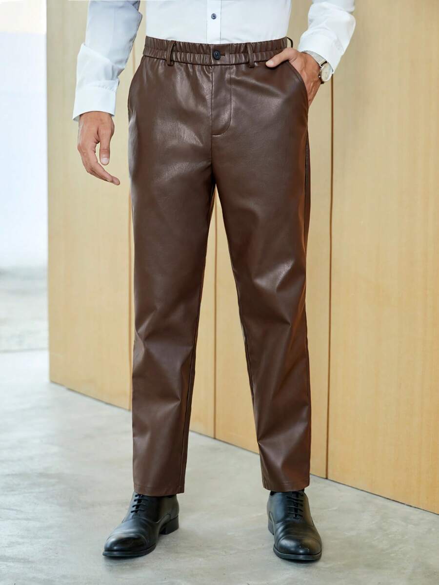 GENTILAND Men Slant Pocket PU Leather Suit Trousers - Coffee Brown - View 1