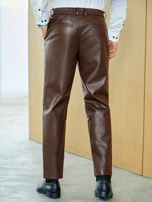 GENTILAND Men Slant Pocket PU Leather Suit Trousers - Coffee Brown - View 5