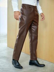 GENTILAND Men Slant Pocket PU Leather Suit Trousers - Coffee Brown - View 4
