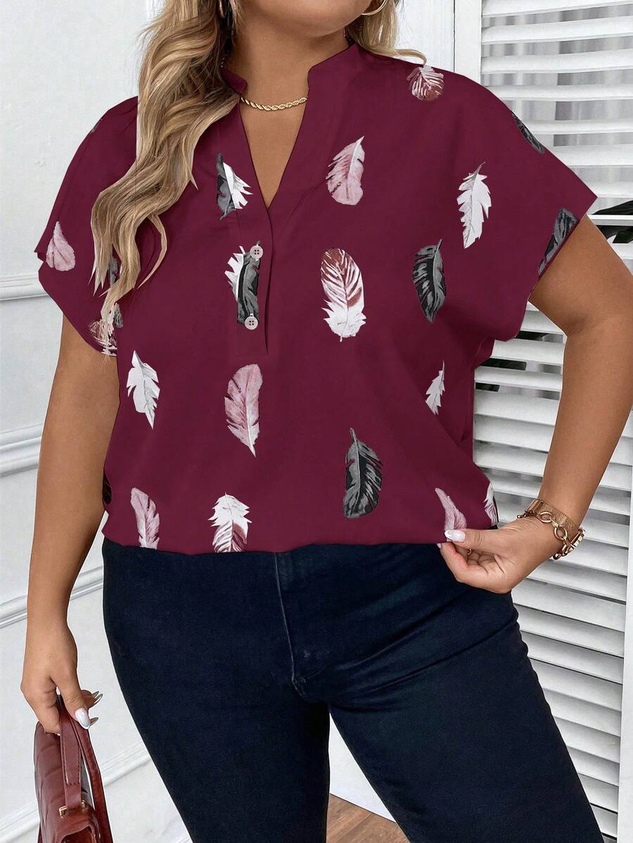 SHEIN LUNE Plus Feather Print Batwing Sleeve Blouse - Burgundy - View 1