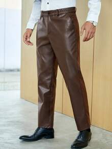 GENTILAND Men Slant Pocket PU Leather Suit Trousers - Coffee Brown - View 6