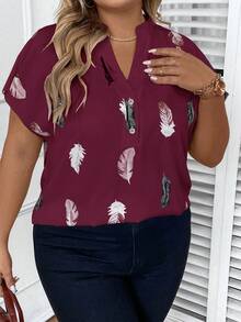 SHEIN LUNE Plus Feather Print Batwing Sleeve Blouse - Burgundy - View 4