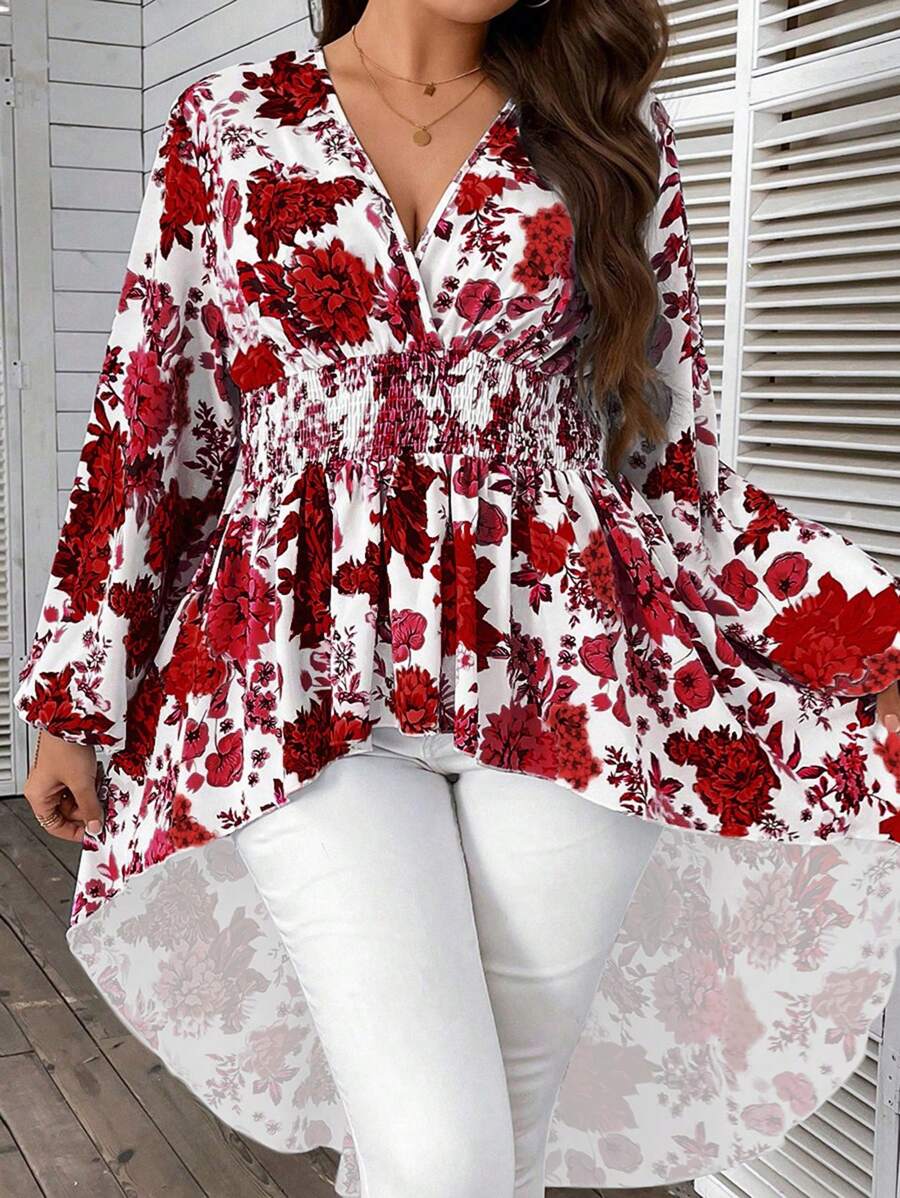 SHEIN Clasi 大碼印花燈籠袖高低下擺襯衫 - 紅白色 - 查看 1