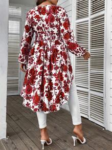 SHEIN Clasi 大碼印花燈籠袖高低下擺襯衫 - 紅白色 - 查看 2