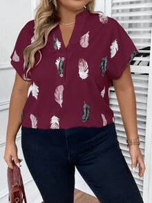 SHEIN LUNE Plus Feather Print Batwing Sleeve Blouse - Burgundy - View 5
