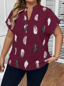 SHEIN LUNE Plus Feather Print Batwing Sleeve Blouse - Burgundy - View 6