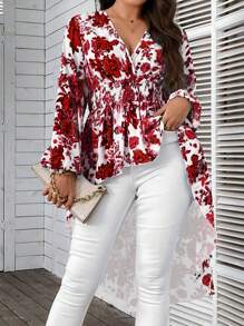 SHEIN Clasi 大碼印花燈籠袖高低下擺襯衫 - 紅白色 - 查看 4