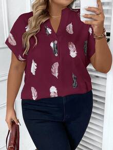 SHEIN LUNE Plus Feather Print Batwing Sleeve Blouse - Burgundy - View 7
