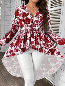 SHEIN Clasi 大碼印花燈籠袖高低下擺襯衫 - 紅白色 - 查看 5