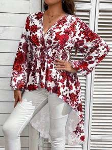 SHEIN Clasi 大碼印花燈籠袖高低下擺襯衫 - 紅白色 - 查看 6