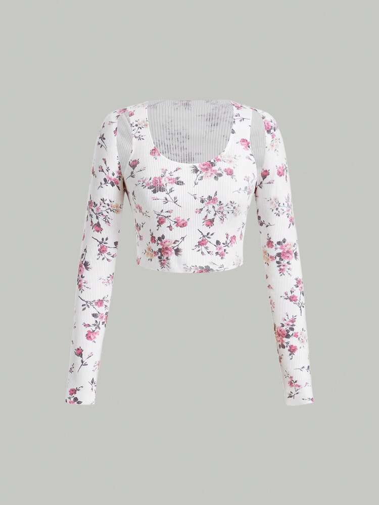 Floral Pattern Super Crop Cardigan & Knit Tank Top