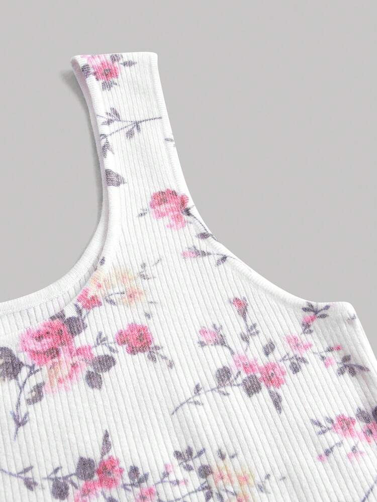 Floral Pattern Super Crop Cardigan & Knit Tank Top