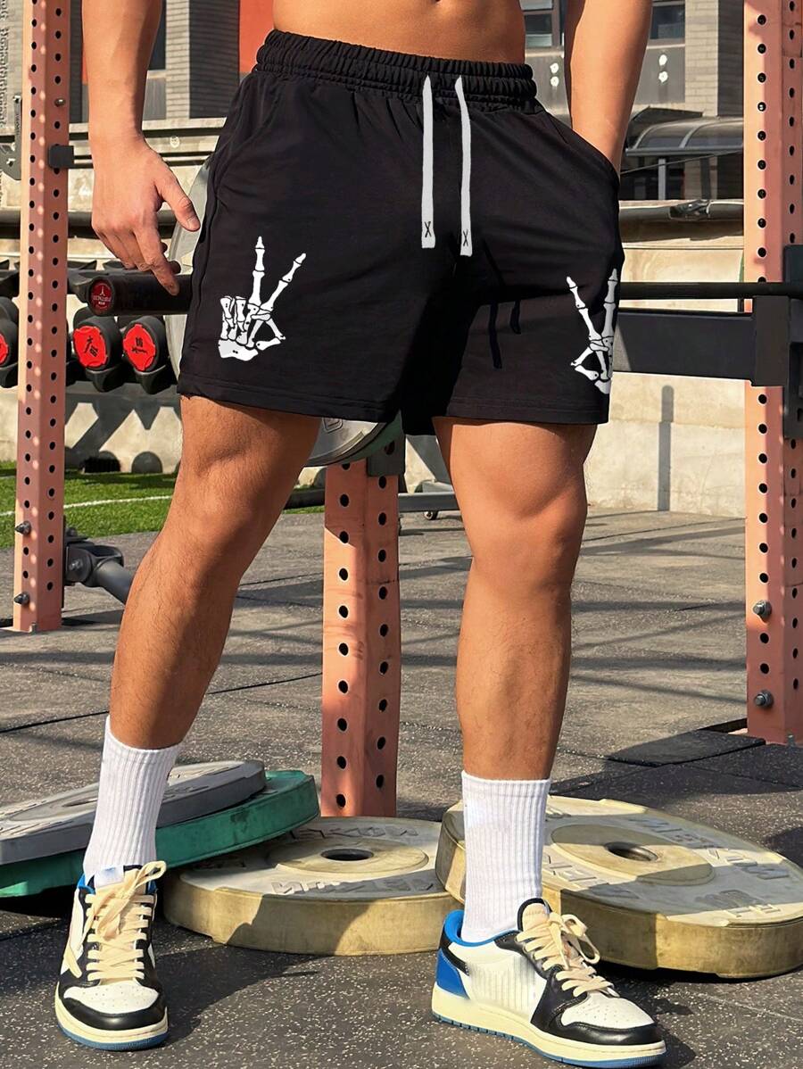 Manfinity Roughcore Men Skeleton Hand Print Drawstring Waist Shorts ...