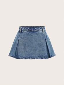 SHEIN MOD Solid Pleated Detail Denim Skirt - Medium Wash - View 1