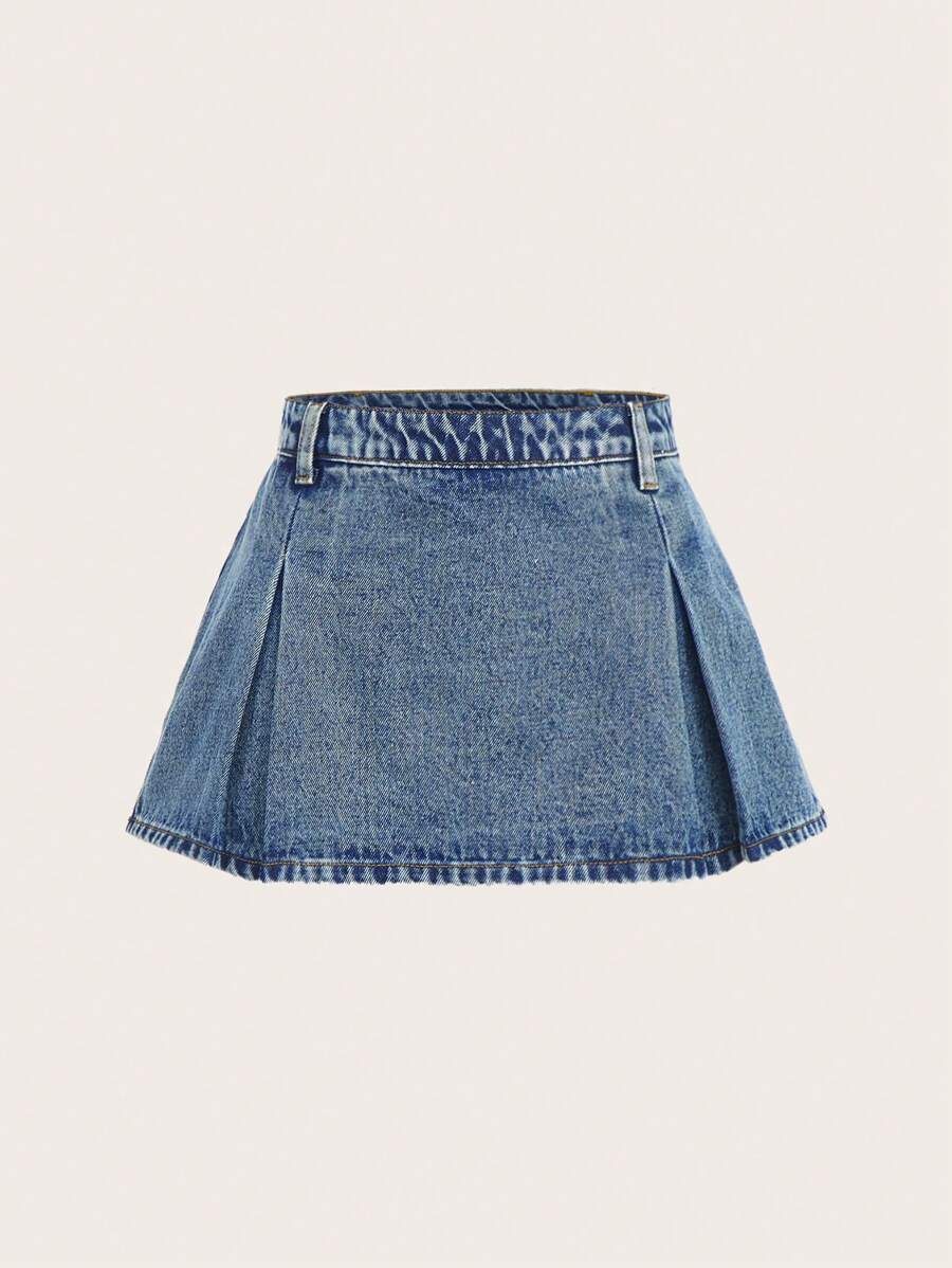 SHEIN MOD Solid Pleated Detail Denim Skirt - Medium Wash - View 1