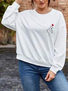 SHEIN Frenchy 大碼手勢&愛心圖案落肩袖運動衫 - 白色 - 查看 1