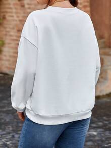 SHEIN Frenchy 大碼手勢&愛心圖案落肩袖運動衫 - 白色 - 查看 2