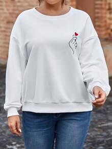 SHEIN Frenchy 大碼手勢&愛心圖案落肩袖運動衫 - 白色 - 查看 3
