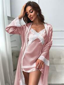 蕾絲拼接緞面吊帶睡裙&睡袍 - 淺粉色 - 查看 4