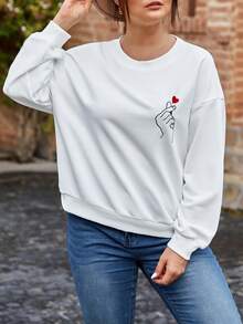 SHEIN Frenchy 大碼手勢&愛心圖案落肩袖運動衫 - 白色 - 查看 5