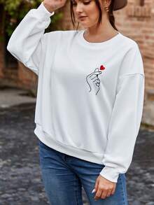 SHEIN Frenchy 大碼手勢&愛心圖案落肩袖運動衫 - 白色 - 查看 6