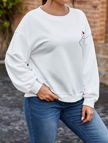 SHEIN Frenchy 大碼手勢&愛心圖案落肩袖運動衫 - 白色 - 查看 7