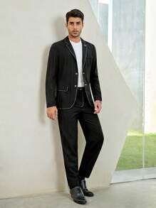 GENTILAND Men Contrast Piping Blazer & Trousers Without Tee - Black - View 1