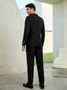 GENTILAND Men Contrast Piping Blazer & Trousers Without Tee - Black - View 6