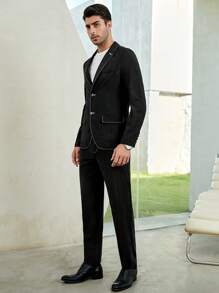 GENTILAND Men Contrast Piping Blazer & Trousers Without Tee - Black - View 3