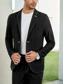 GENTILAND Men Contrast Piping Blazer & Trousers Without Tee - Black - View 4